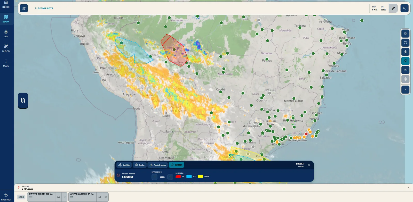 NavBrief Web exibindo o mapa de planejamento e camadas meteorológicas