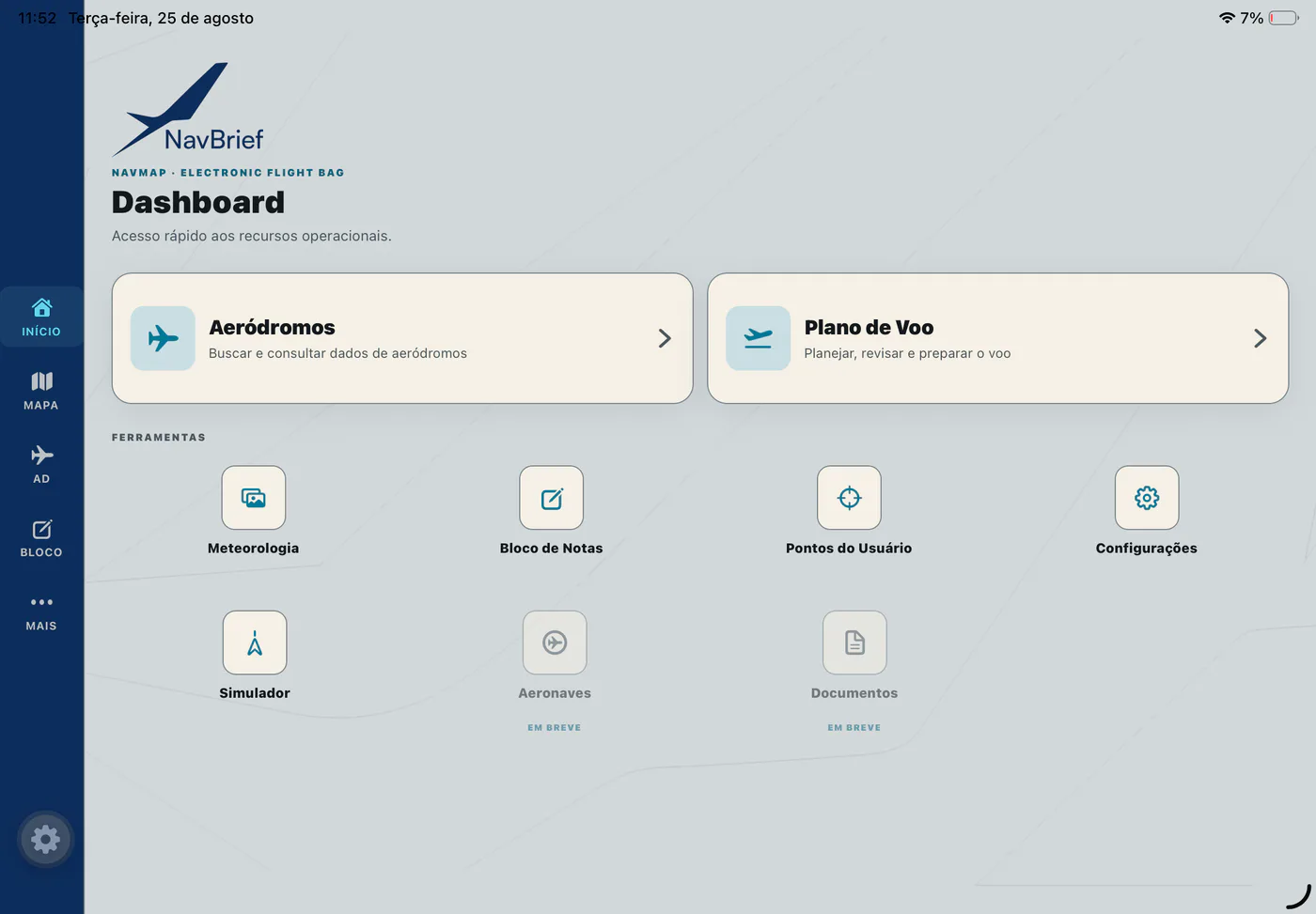 Dashboard do NavMap com atalhos para recursos operacionais