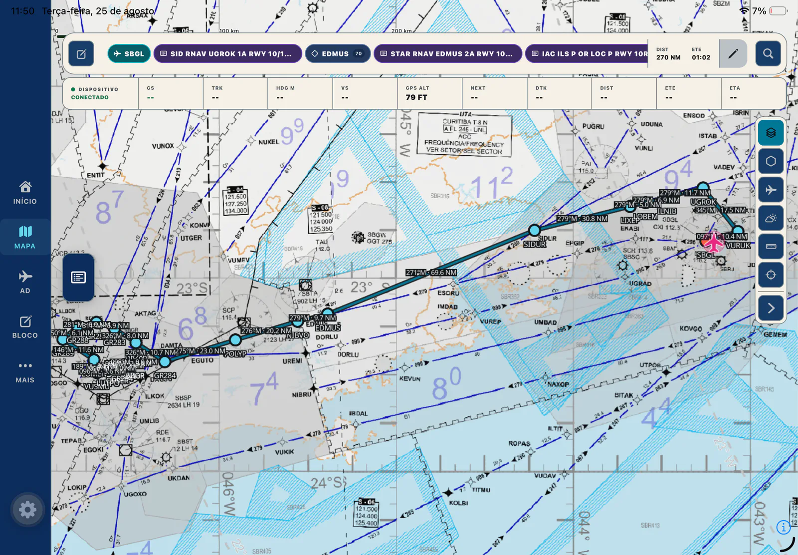 NavMap no iPad em orientação landscape exibindo uma rota aeronáutica sobre o mapa